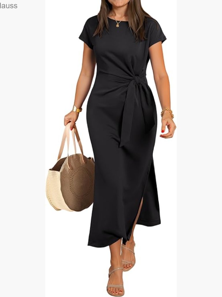 Slim Fit Maxi Dress With Tie Waist, Wrinkle-Free, Crew Neck, Short Sleeve
